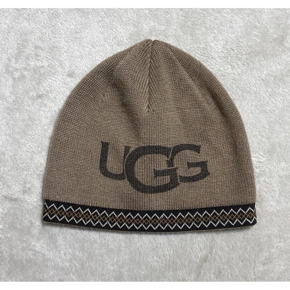 UGG Kids Boys Girls Hat Cap Ribbed Knit Logo Beanie Brown One Size